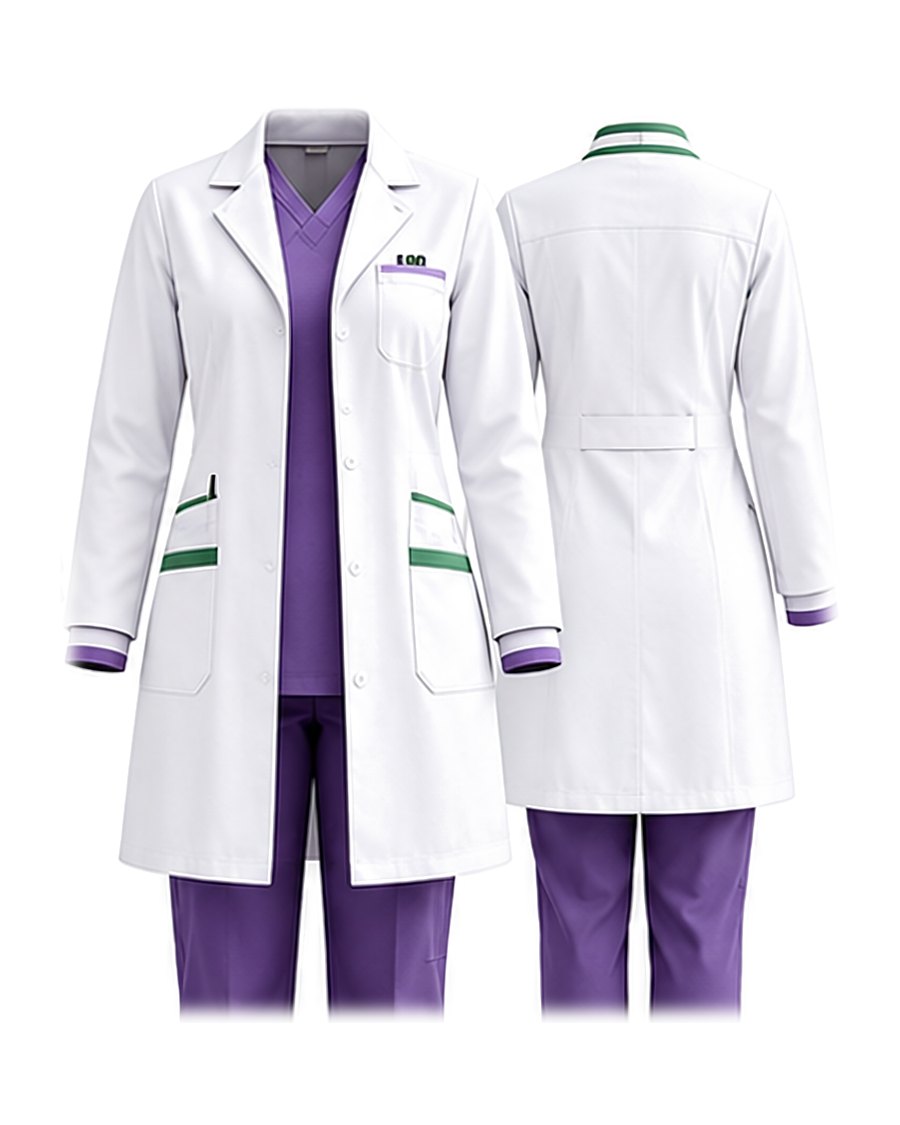 Overcoat with scrub set, white / purple