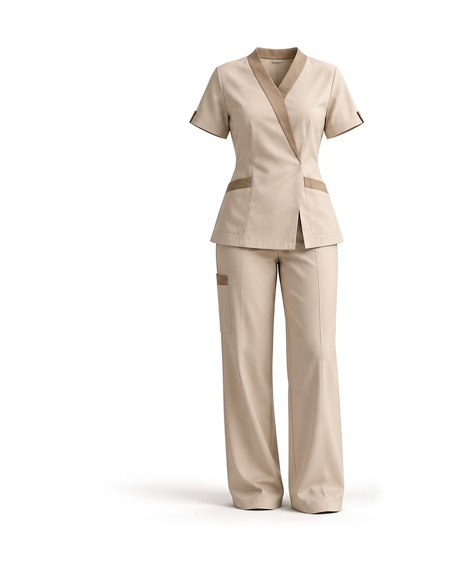 Wrap-front tunic & trousers, beige