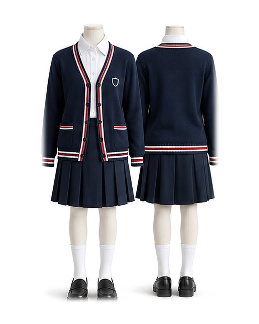 Cardigan, blouse & pleated skirt, navy / white